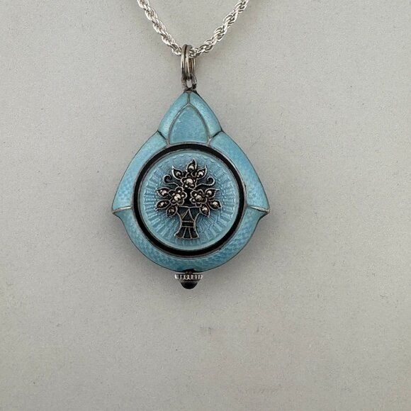 Stunning1920's Swiss Made 925 Silver Guilloche Powder Blue Watch Maracsite Motif - Picture 5 of 10